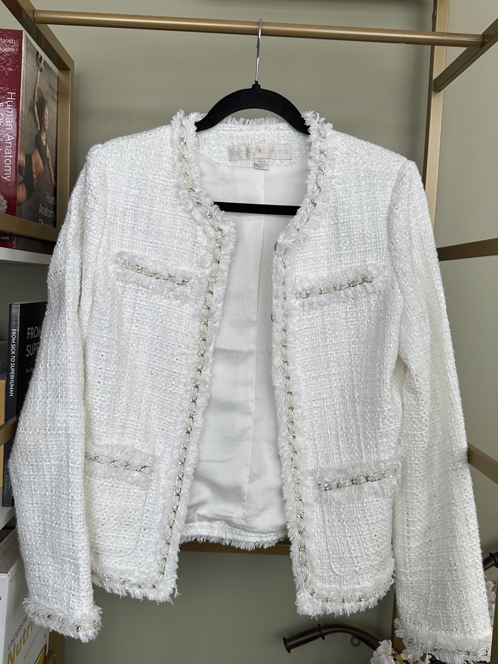 Boston Proper White Tweed Frayed-Trim Open-Front Jacket